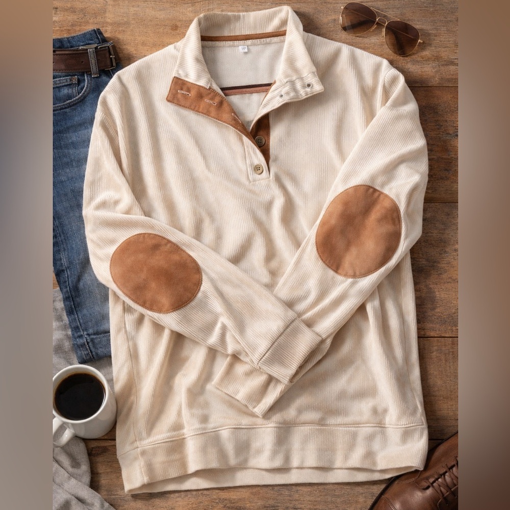 EUC Men’s  Cream and Tan Pullover with Button Details Size Large